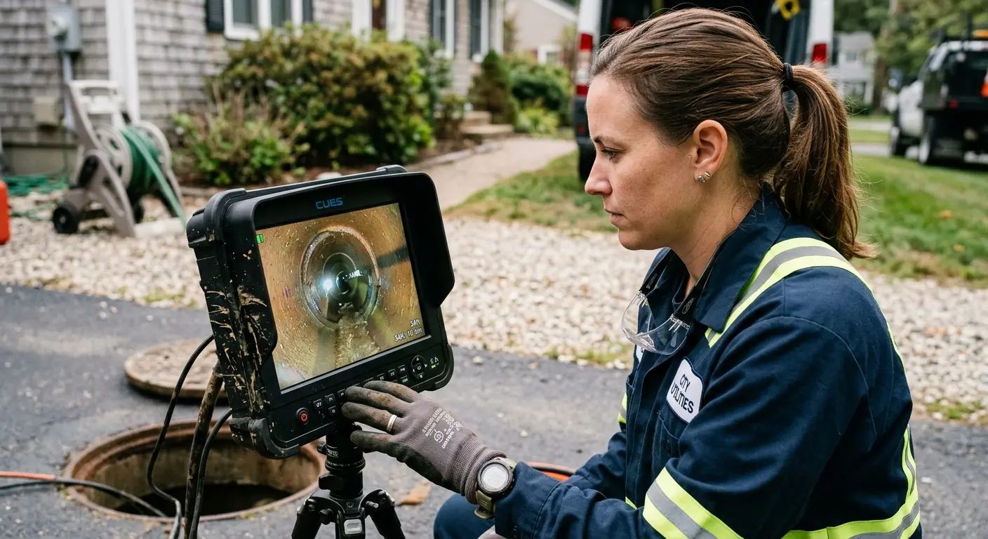 Technician reviewing sewer camera inspection footage in Crosspointe
