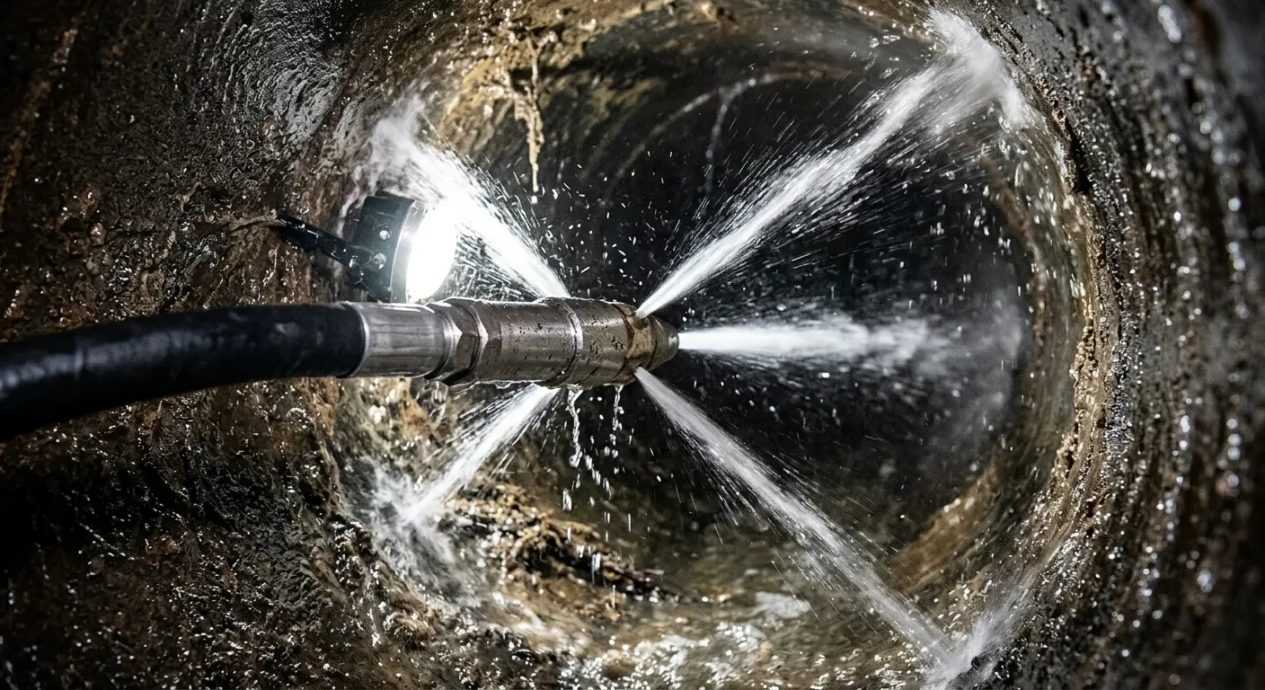 High-pressure hydro jetting nozzle cleaning sewer pipe for Sewer Cleanout in Crosspointe