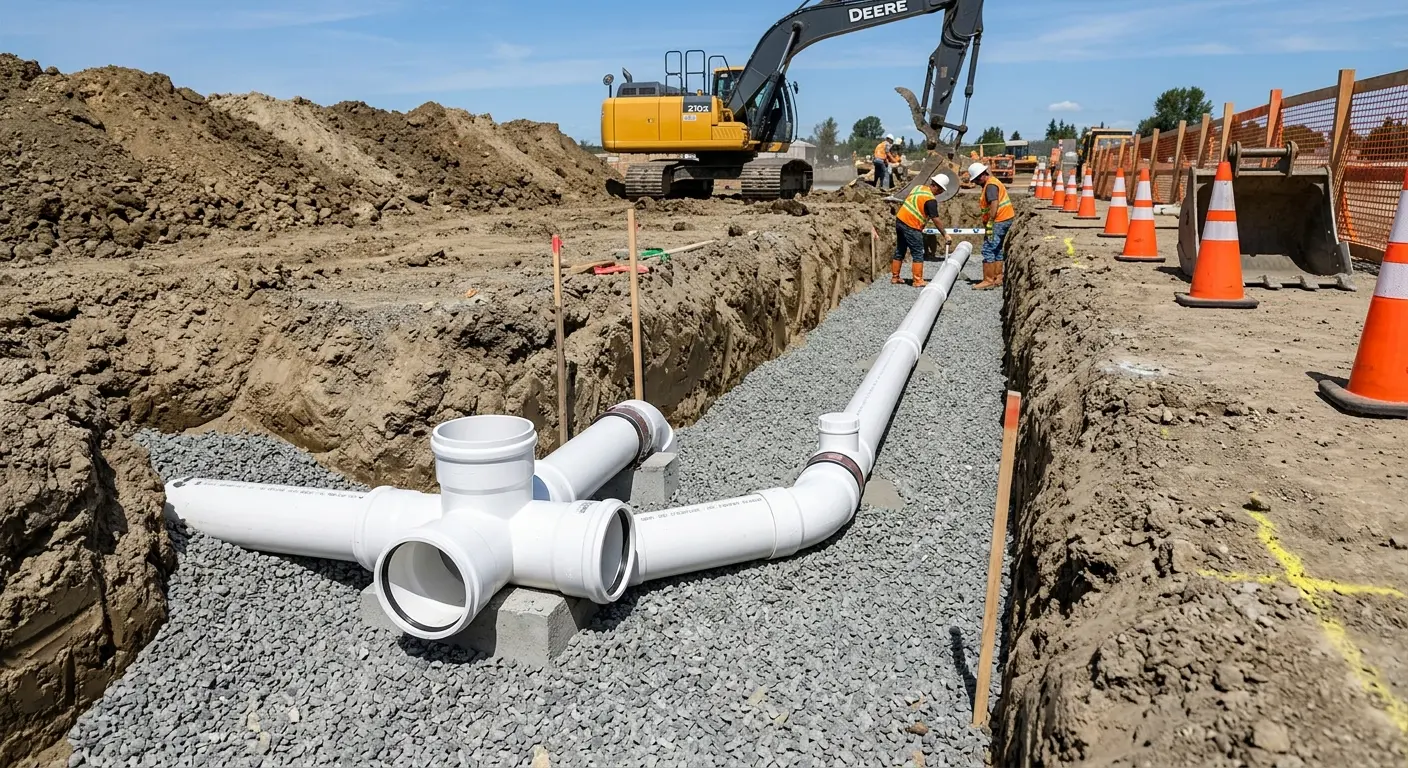 New PVC sewer pipe installation in open trench for Sewer Backup in Crosspointe