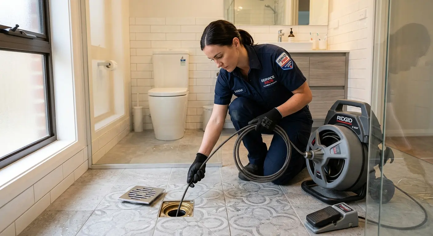 Technician clearing a bathroom floor drain for Drain Cleaning in Crosspointe